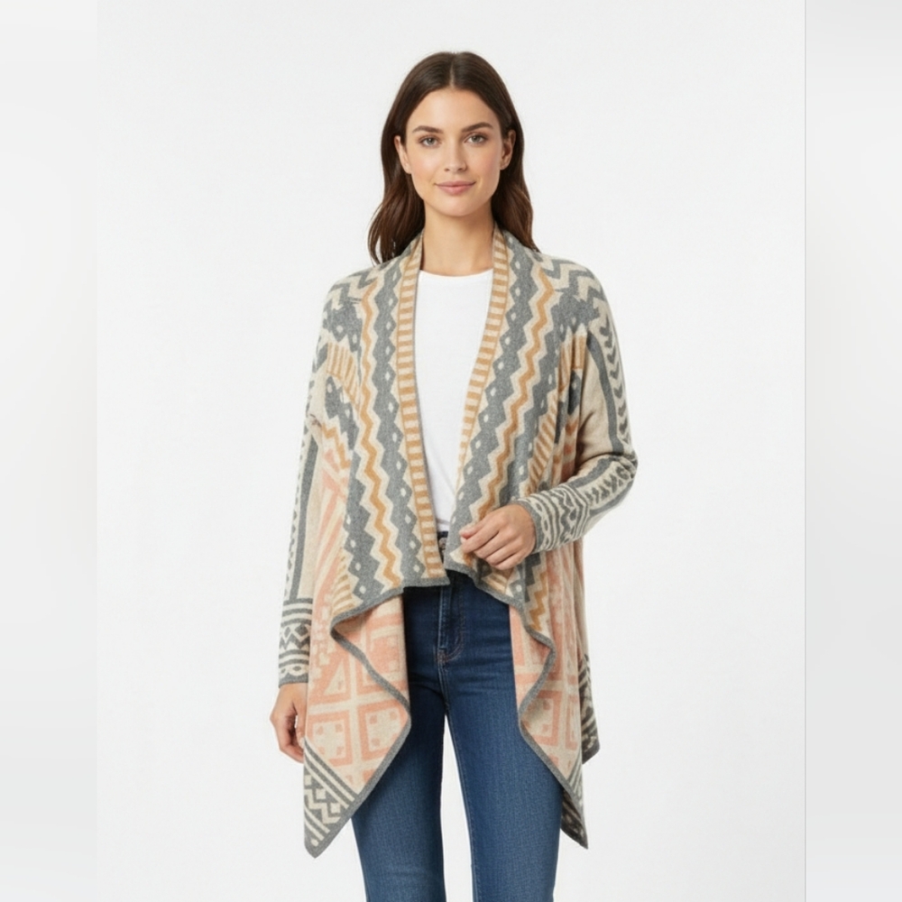 Ellison Gray Pink Aztec Cardigan Open Southwestern Boho Waterfall M